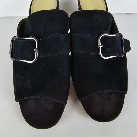 Marc Fisher Rima Mule Sandals Size 9M Black Suede Leather Mirrored Block Heel - Picture 2 of 13